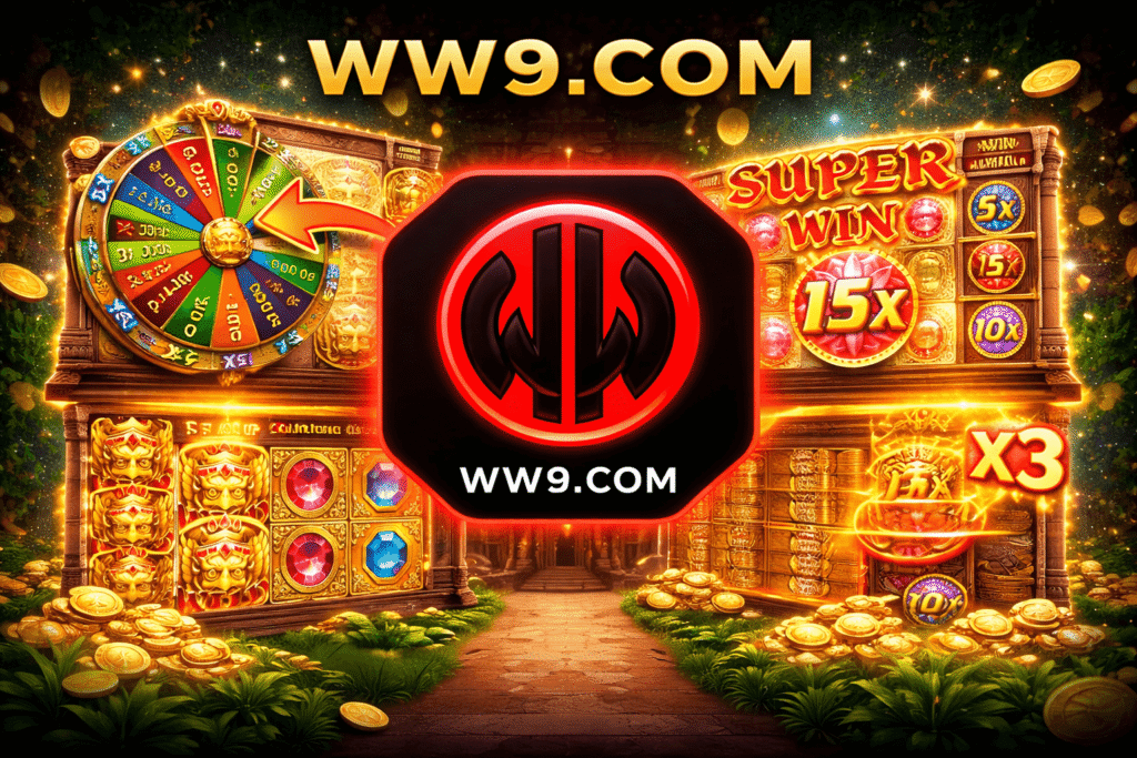 WW9 Game Fortune Gems gameplay showing lucky wheel, super win multipliers, and WW9 casino game interface on Android app