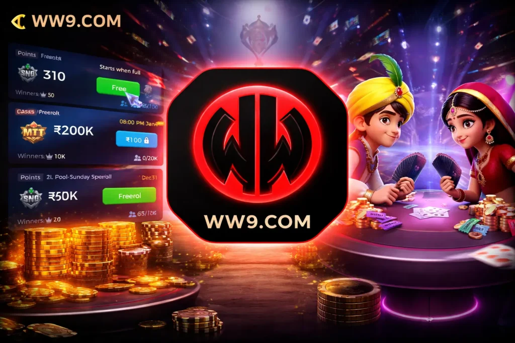 ww9 game rummy interface showing online ww9 rummy game tables, tournaments and daily reward options