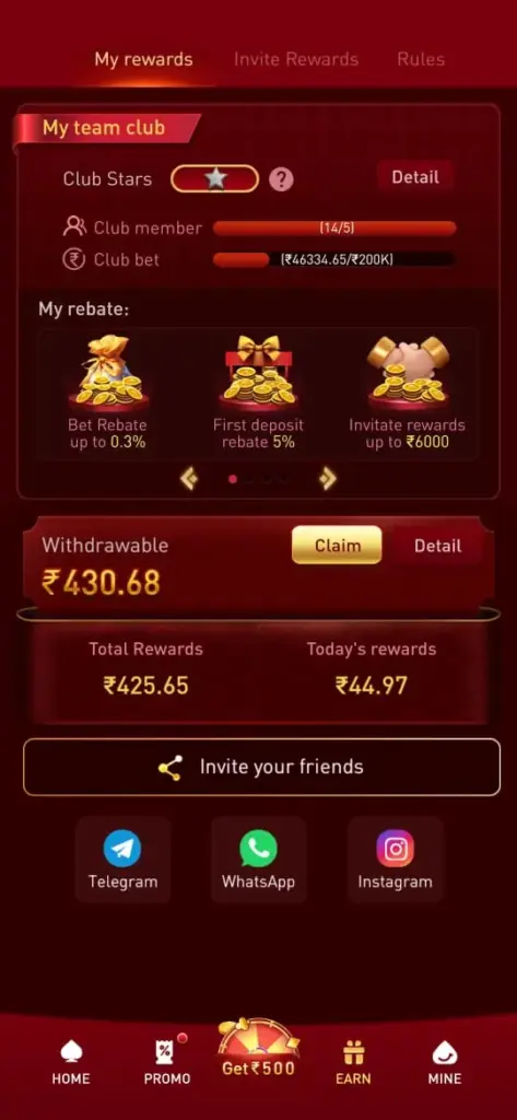 WW9 Game app interface with rewards, account management and features